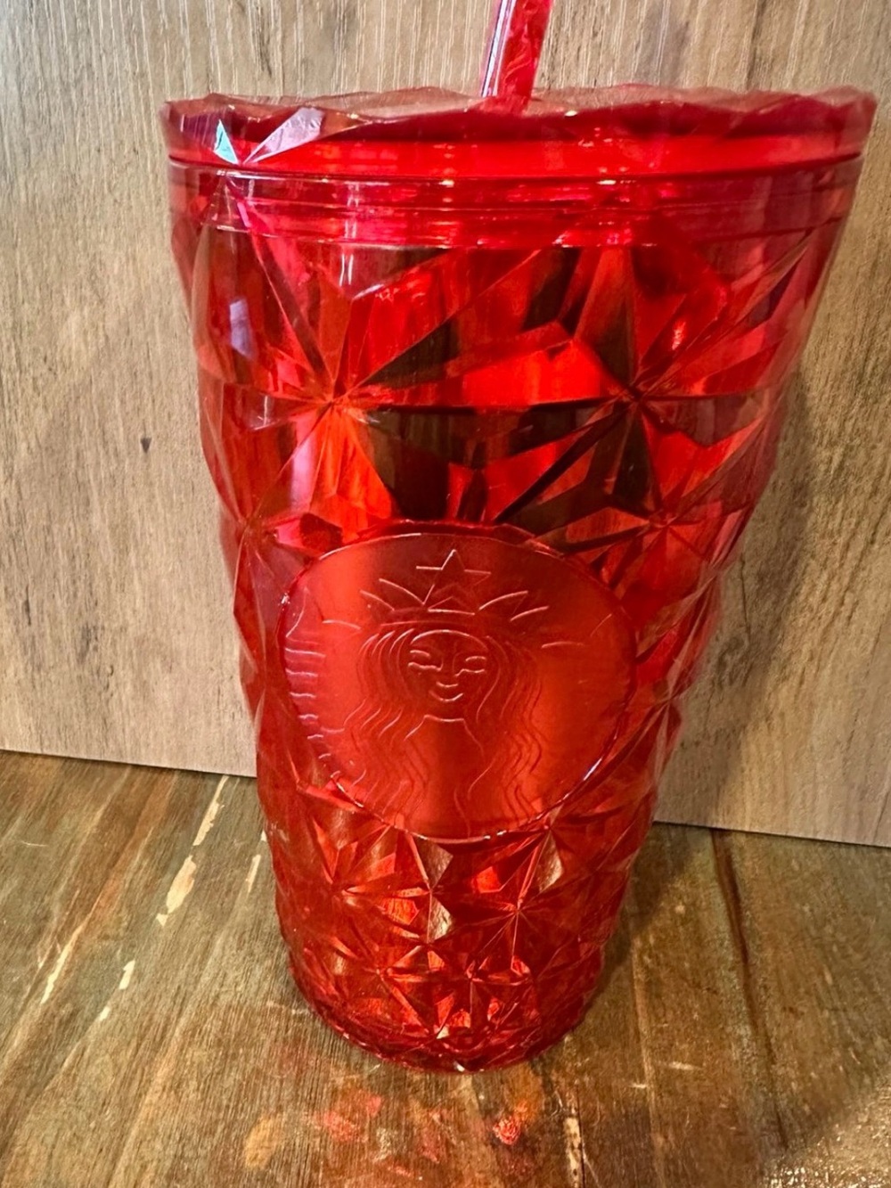 Starbucks Red Faceted Jeweled Tumbler Cold Cup Straw 16 oz 2024 Holiday